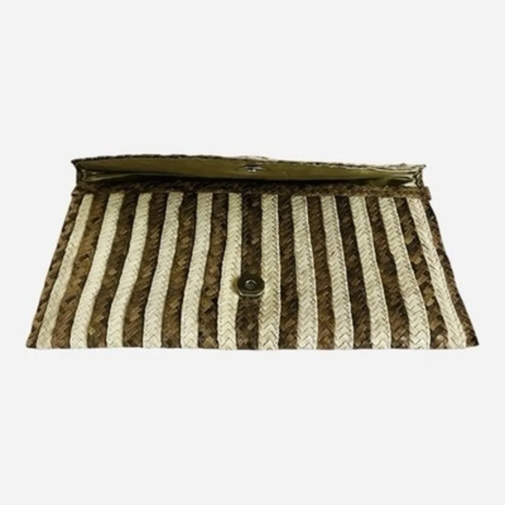 Chic Woven Straw Clutch Bag Brown Beige Stripe Curved Flap Beach Purse 11x6